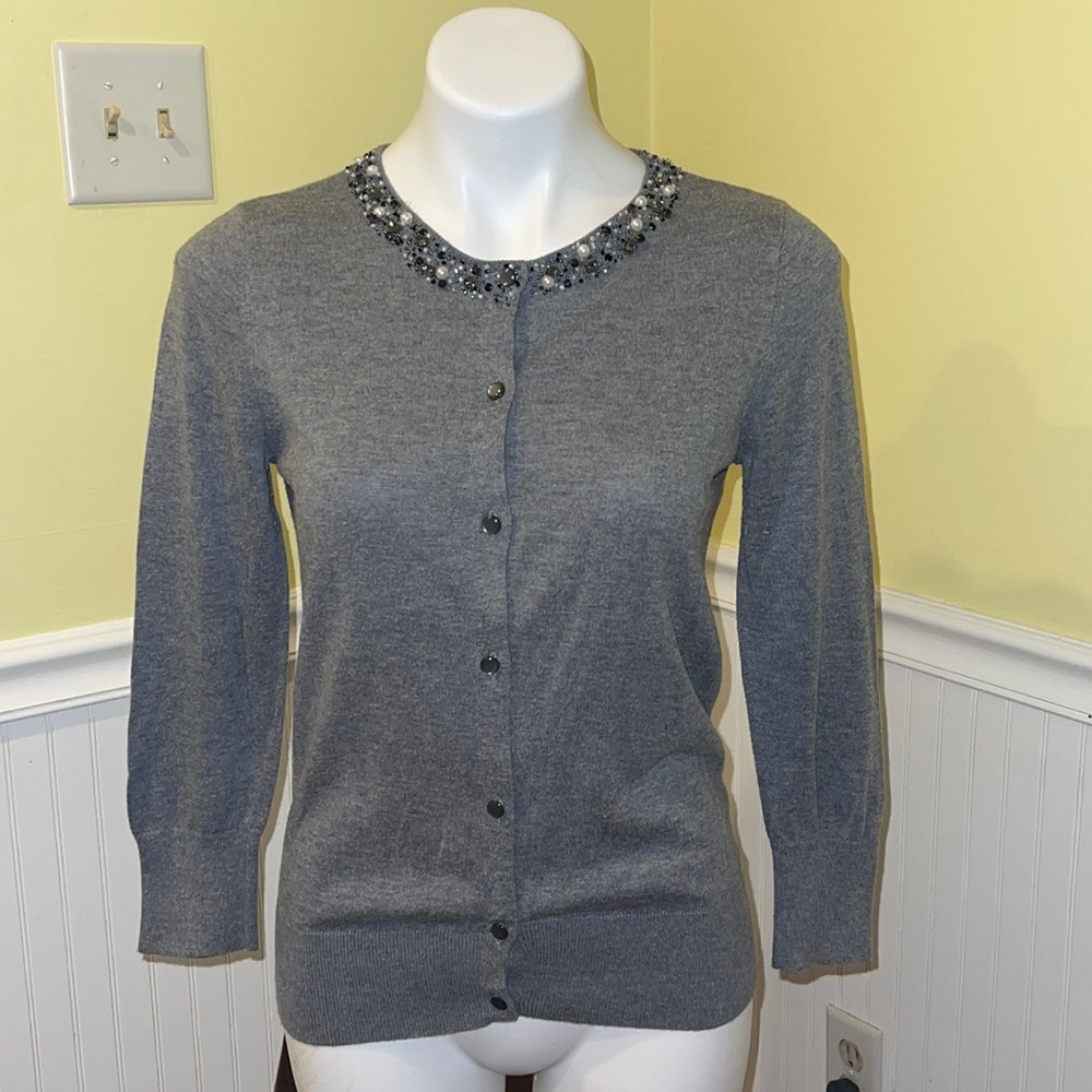 DKNYC Ladies long sleeve Gray Bejeweled Cardigan. Medium.